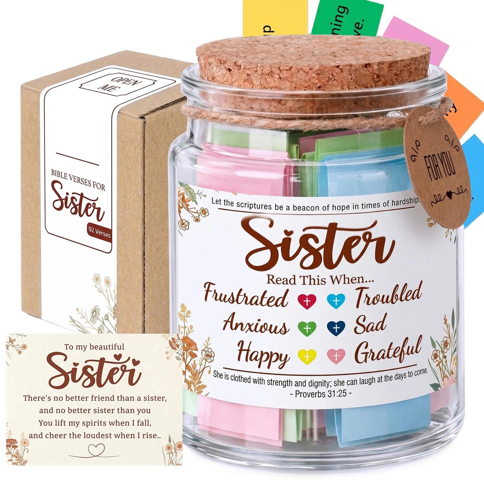 Giftgem Women's Sister Birthday Gifts Bible Verse Jar 92 Scripture Cards With Chapter References, Christian Gift For Spiritual Encouragement Glass Jar, Colour-Coded Keepsake With Gift Box