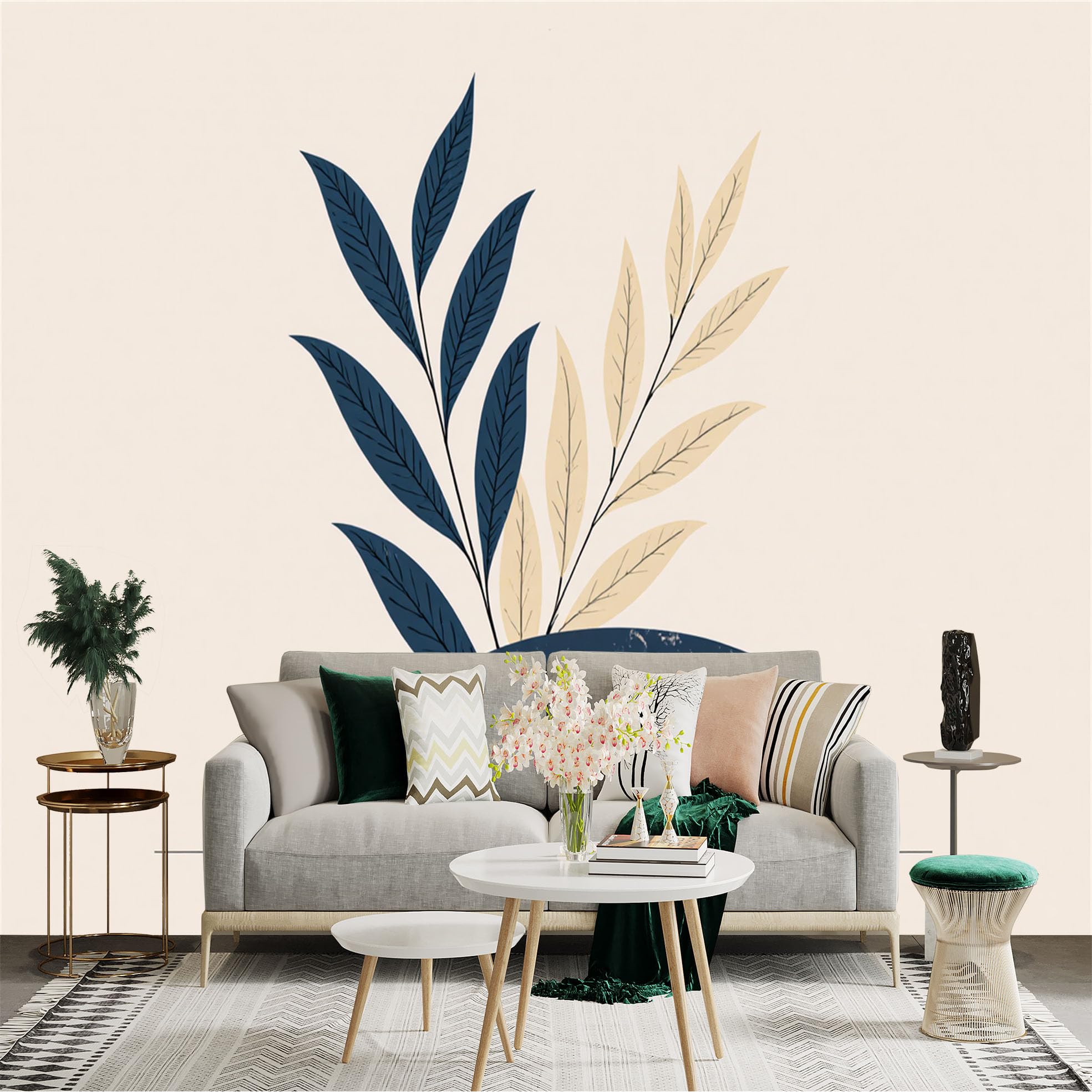 Custom Size Wall Sticker Mural， Minimalist Botanical Art， Blue and Beige Leaves， Zen Stone Decor， Modern Abstract Plants， for wall Decoration， peelandstick wall Decals.
