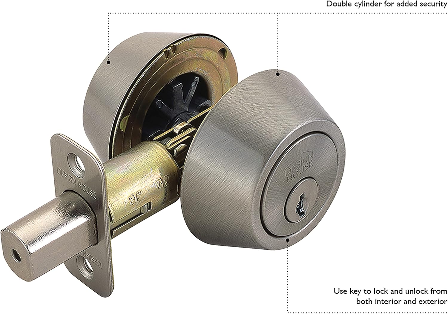 Design House Double Cylinder Deadbolt Lock, Satin Nickel Front Door Lock, Fits 2-3/4" & 2-3/8" Backsets, for 1-3/8"–1-3/4" Doors, ANSI Grade 3, 783829