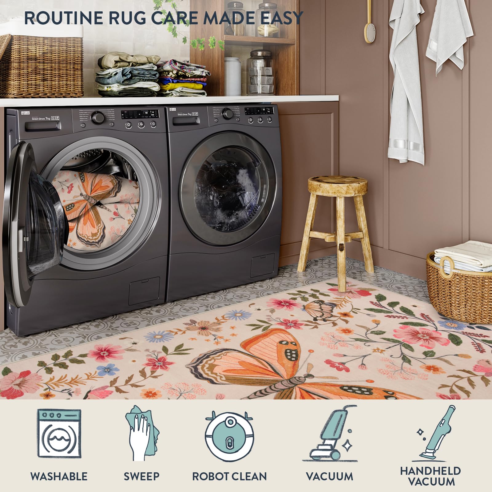 Lahome Boho-Läufer Teppich 1,8 M – Rutschfest, Waschbar, Blumen-Schmetterlings-Muster, Für Flur & Bad