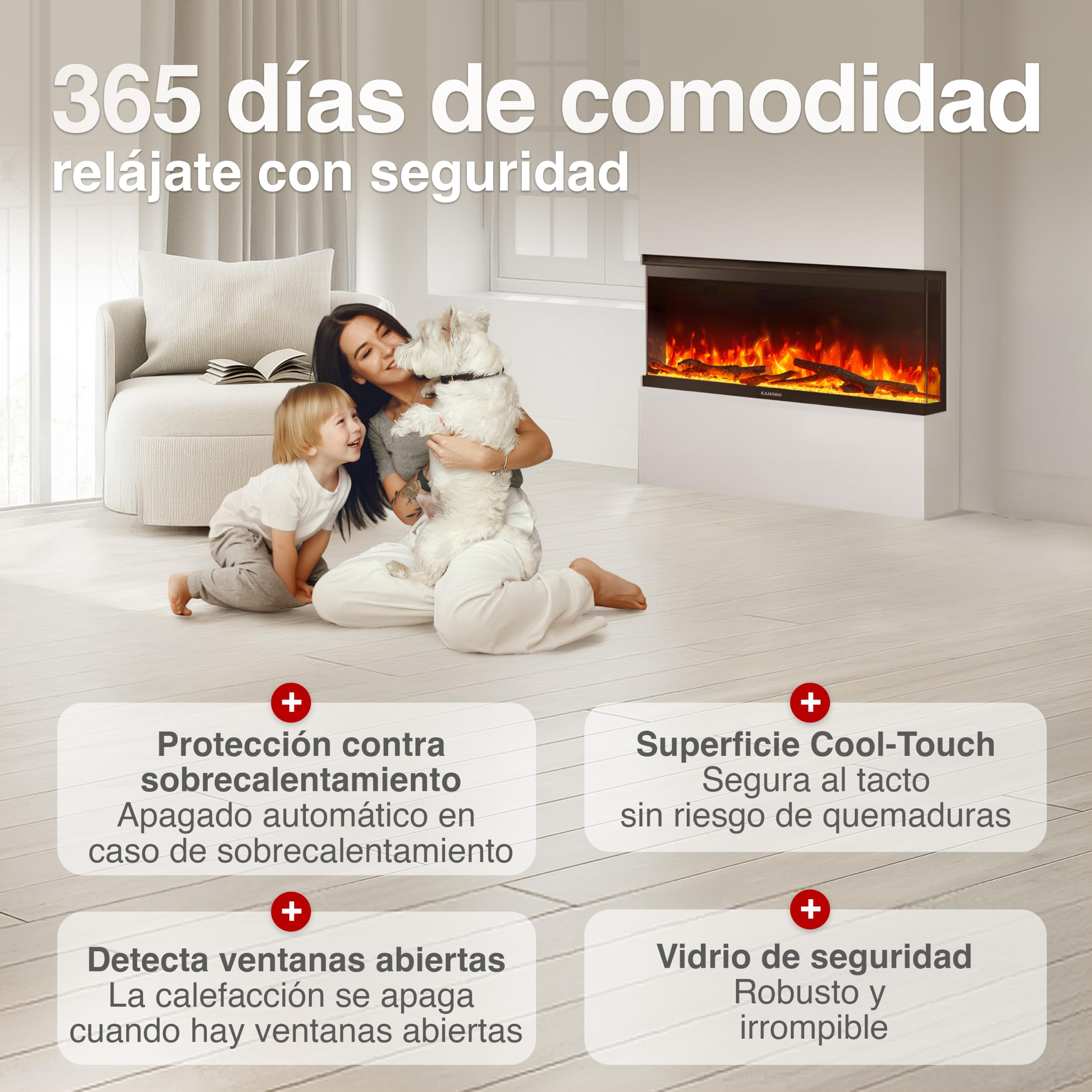 KAMINIO Eléctrica Chimenea Lea - Chimenea eléctrica 3 en 1 con Vista panorámica, calefacción, Efecto de Llama 3D, 12 Colores de Llama (36 Pulgada)