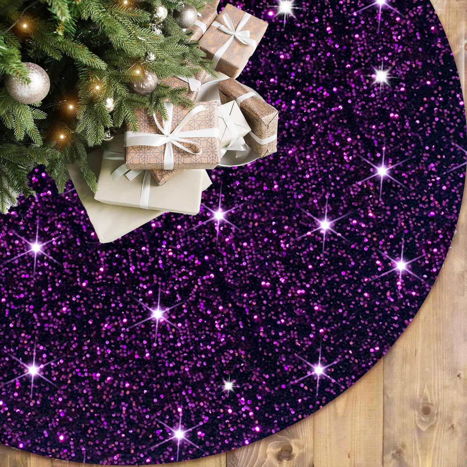 FOTSHARER Christmas Tree Skirt Purple Sequin Tree Skirts 36 Inch Velvet Halloween Tree Skirt for Xmas Decor Unique Sequins Tree Collar Skirt Dark