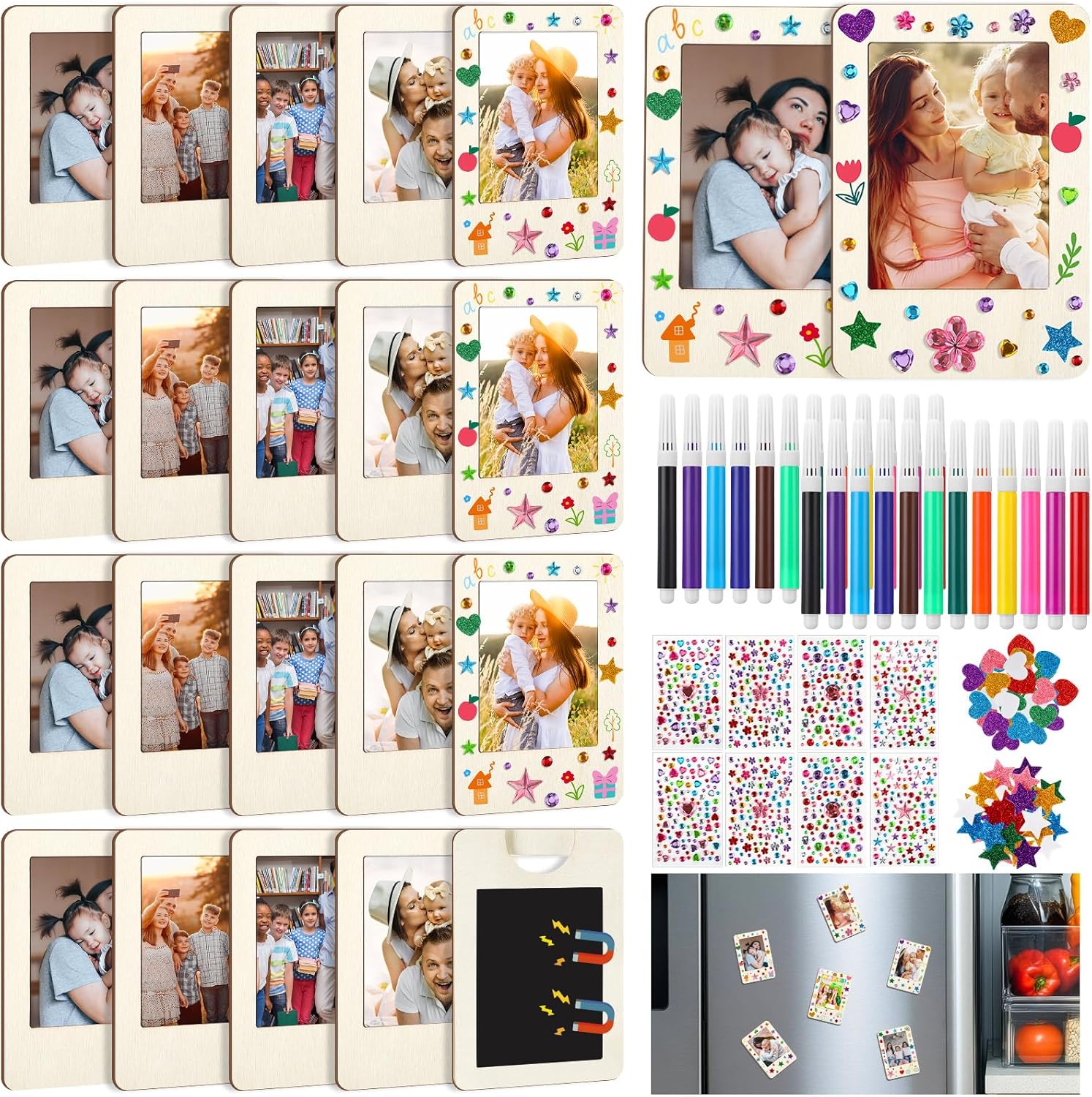 Yalikop 12 Pack Mini Wooden Picture Frames for Crafts Unfinished Magnetic Picture Photo Frame Kit with 12 Watercolor Pencils Stickers DIY Fridge Decor for Mother's Day Birthday Wedding Gifts