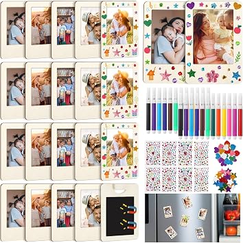 Yalikop 20 Pack Mini Wooden Picture Frame for Crafts Unfinished Magnetic Photo Curved Frame with 12 Watercolor Pencils Stickers DIY Fridge Decor for Fathers Day Graduation Birthday Wedding Party Gift