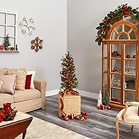 Vista 7 de Nearly Natural Árbol de Navidad artificial de bayas y pino de 3 pies con 50 luces blancas cálidas y base envuelta en arpillera