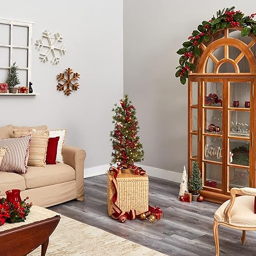 Miniatura 7 de Nearly Natural Árbol de Navidad artificial de bayas y pino de 3 pies con 50 luces blancas cálidas y base envuelta en arpillera