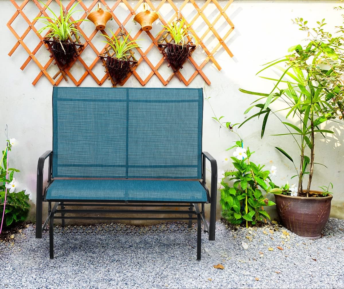 MFSTUDIO 2 Seats Outdoor Patio Swing Glider Steel Bench with 42" High Backrest, Double Rocking Loveseat Chair, Textilene Fabric for Patio Porch, 550lbs, Blue