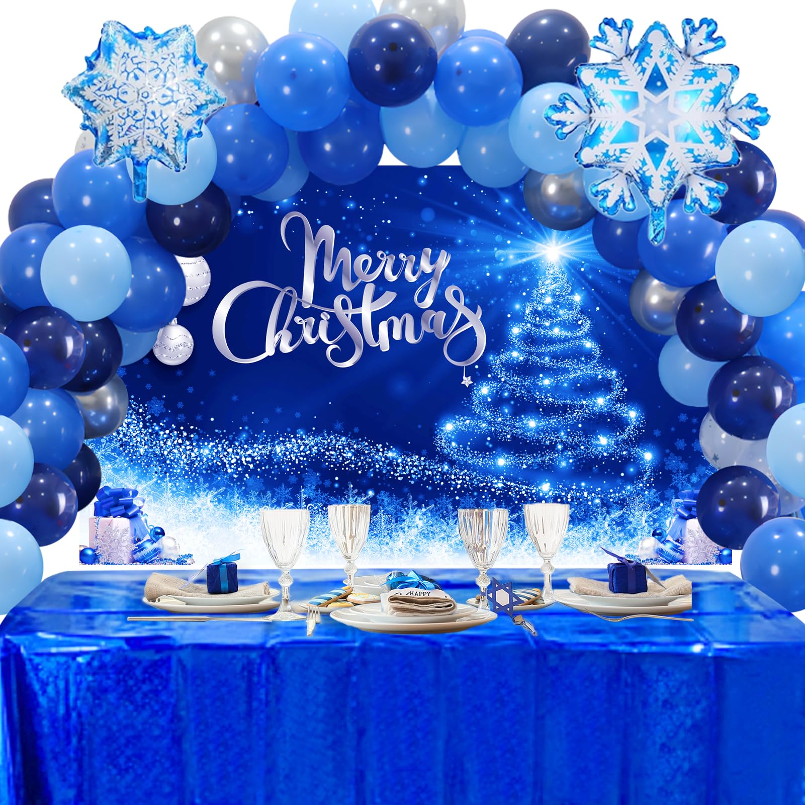 Crenics Blue and Silver Christmas Decorations - Merry Christmas Banner Backdrop, Balloon Garland Arch Kit, Double Sided Tablecloth and Snowflake Balloons for Xmas Holiday Party Supplies