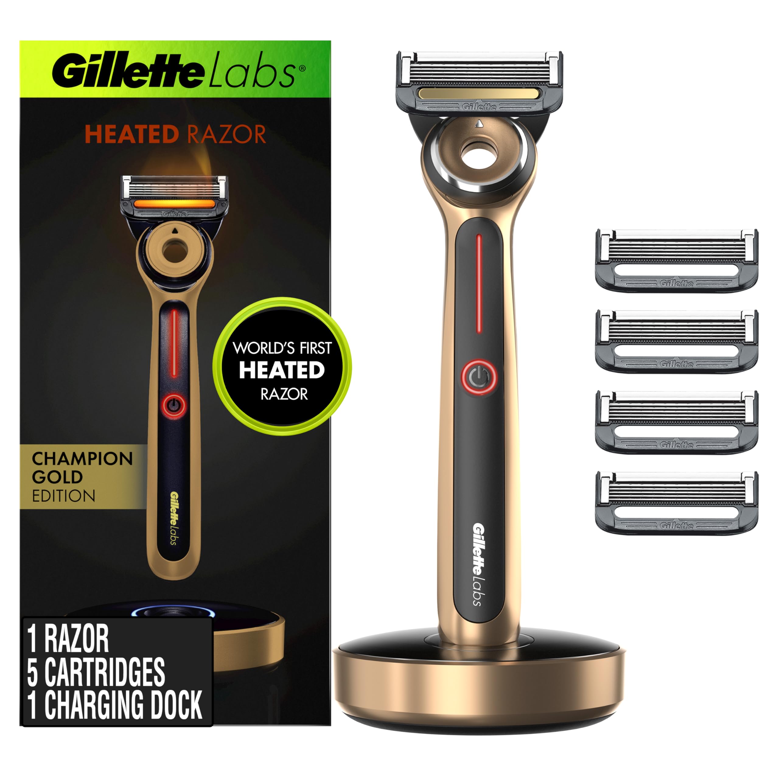 GilletteLabs Heated Razor Gold Edition - 1 Handle, 5 Blade Refills, 1 Charging Dock