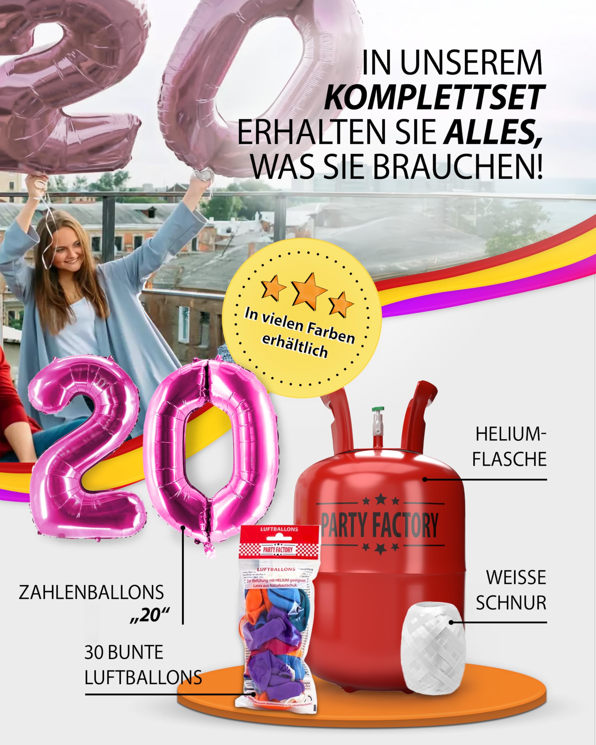 Party Factory – Helium Gasflasche 400L Komplett Set mit XXL Zahlenballon "20" Silber – Partydeko Ballongas Flasche mit Folienballon, 30 Latexballons & 40m Ballonschnur – Für Geburtstage & Feiern