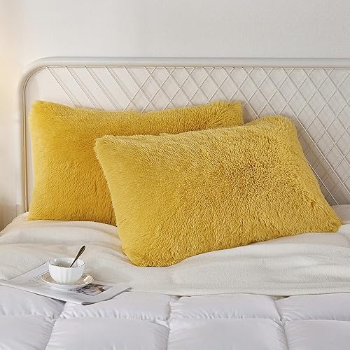 Miniatura 2 de Uhamho Juego de 2 fundas de almohada de piel sintética de terciopelo suave, fundas de almohada decorativas con cierre de cremallera (amarillo limón,