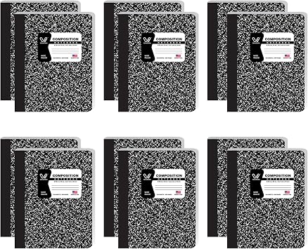 Composition Notebooks 12 Pack Wide Ruled Paper Black Marble Composition Books 100 Sheets / 200 Pages 9-3/4" x 7-1/2" School Supplies Sturdy Sewn Binding Notebook for Student College Office Writing Book