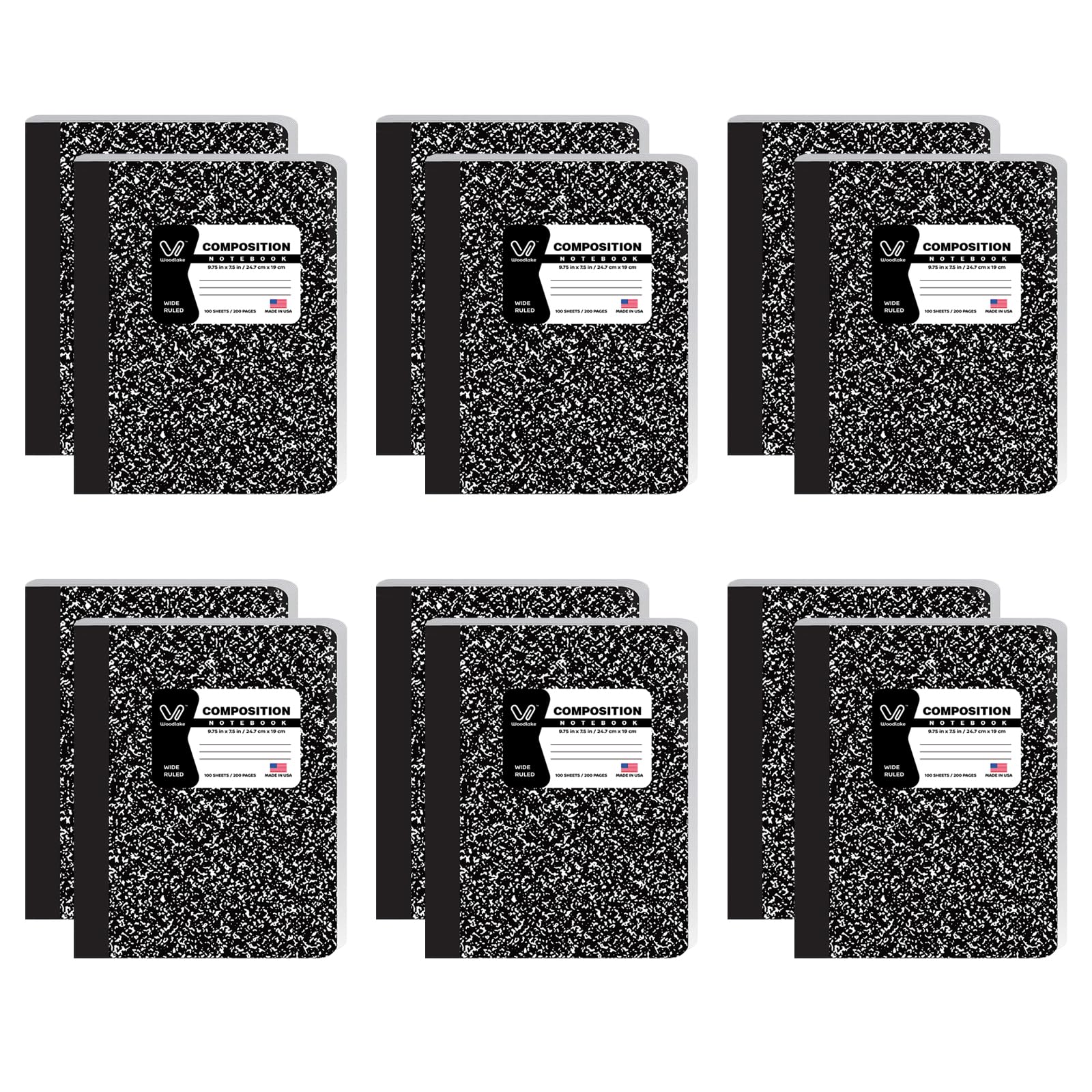 Woodlake Quaderni a righe larghe, confezione da 12, 100 fogli/200 pagine, 24 x 19 cm, copertina in marmo bianco e nero, rilegatura cucita robusta, made in USA, per scuola, ufficio e università