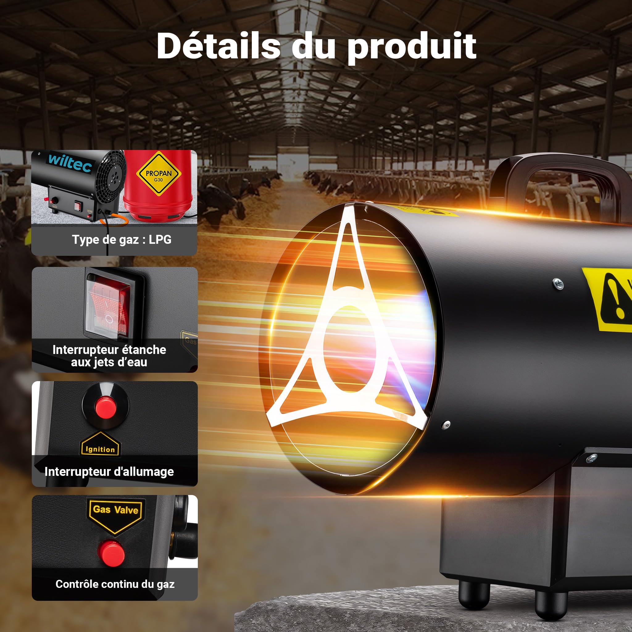 Wiltec Générateur de chaleur – Puissance calorifique 15 kW, moteur 30 W – Débit d’air 320 m³/h – Fonctionnement sur gaz GPL – avec régulateur et tuyau – Canon air chaud
