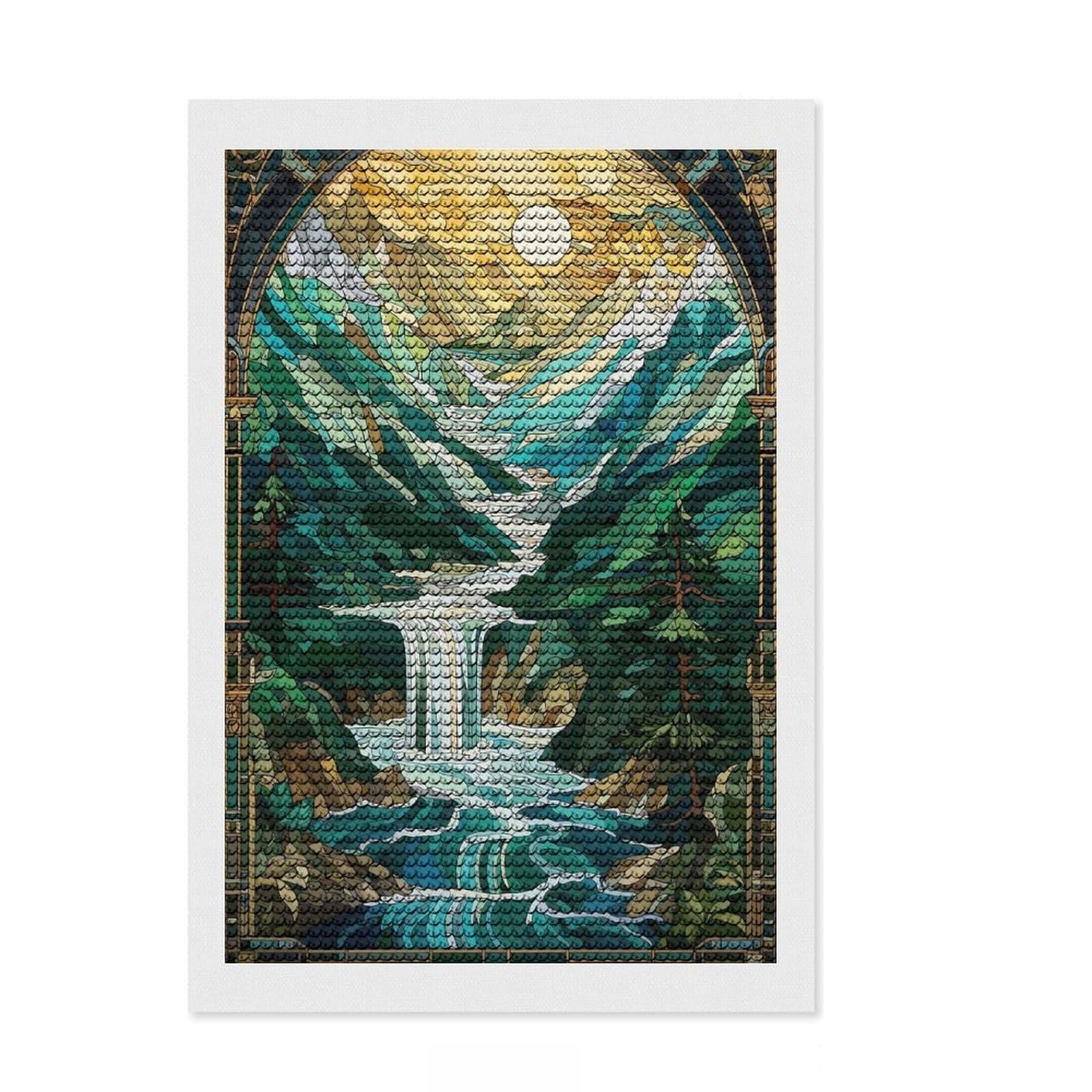 Junmoney Stained Glass Waterfall DIY Diamond Art Canvas Kit 8"x12", Adhesive Canvas, Modern Decor, for Creative Relaxation, Gift Idea, with Tool Kit