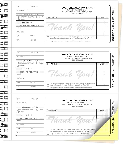Libros impresos personalizados de 8.5 x 7 pulgadas (3 por página) Libros de recibos de donaciones caritativas sin fines de lucro sin carbono  NCR 2