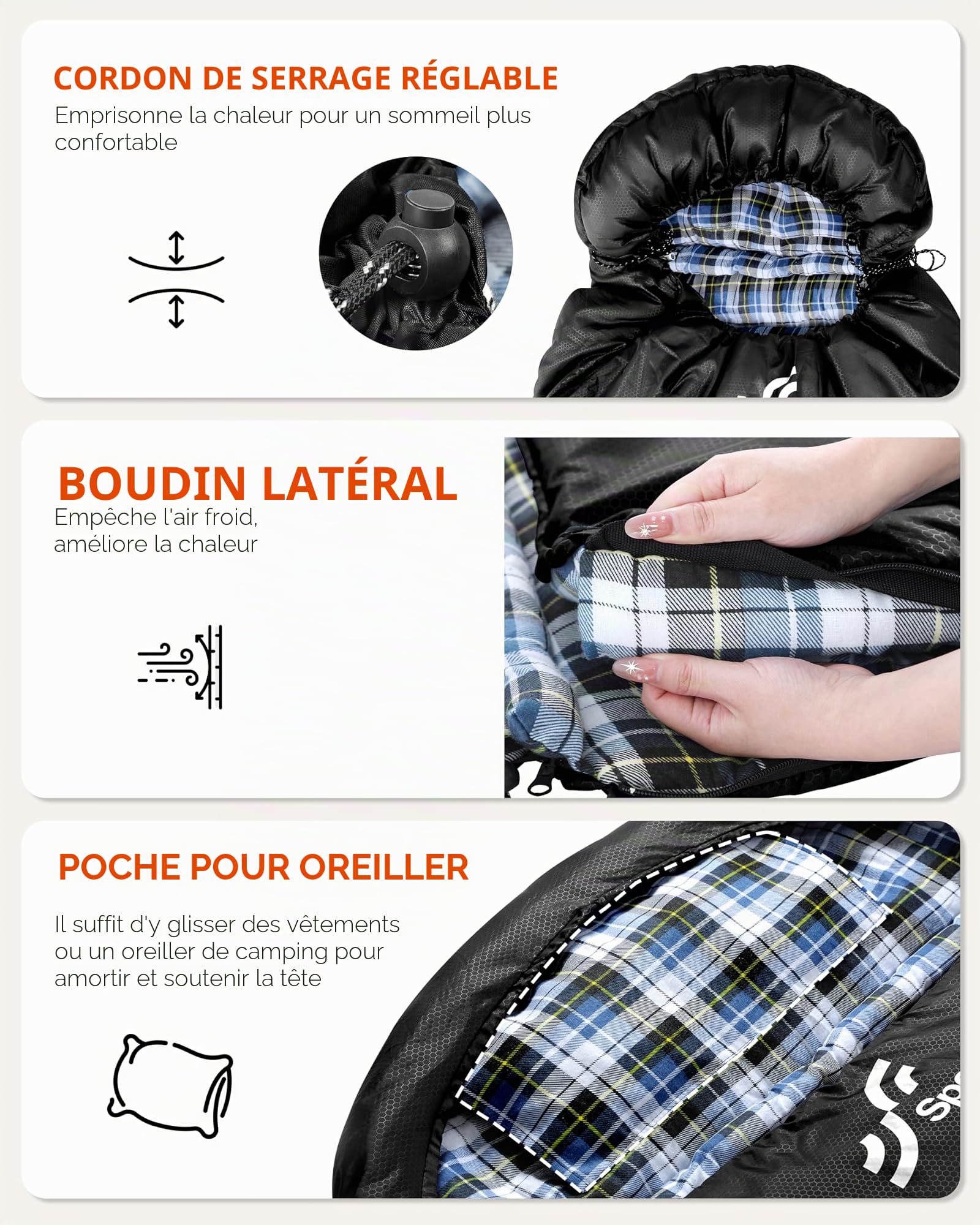 Sportneer Sac de Couchage Adulte, Flanelle Sac Couchage Confortable - Compact - 3 à 4 Saisons - Temps Froid pour la pêche au Camping，2kg