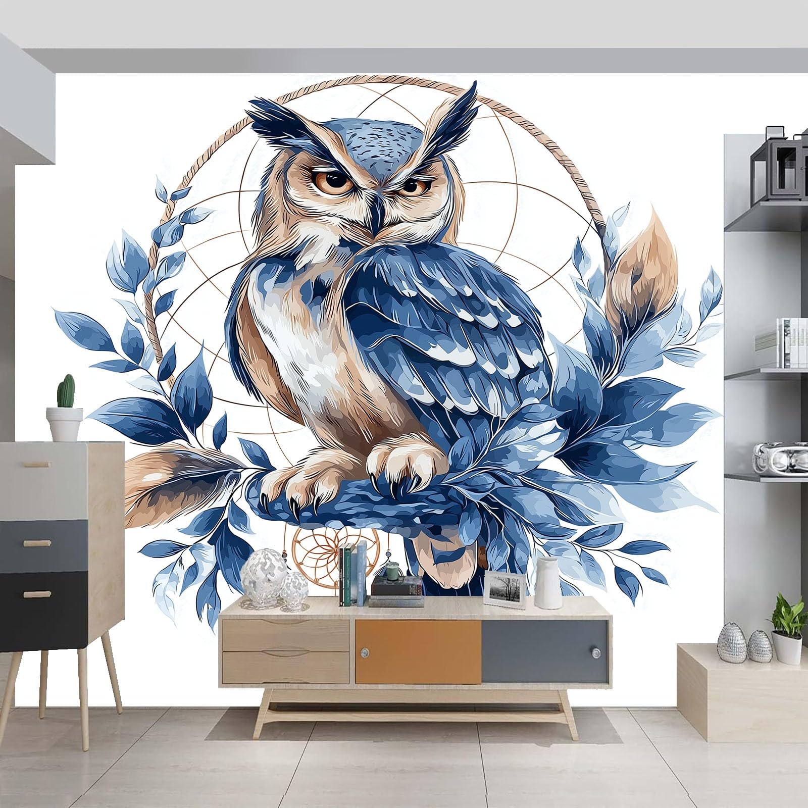 Tapeta z włókniny akwarela bohemy sowa łapacz snów 3D drukowana dekoracja ścienna 400 x 280 cm plakat plakat zdjęcia dekoracyjne gobelin salon łazienka niebieski brązowy