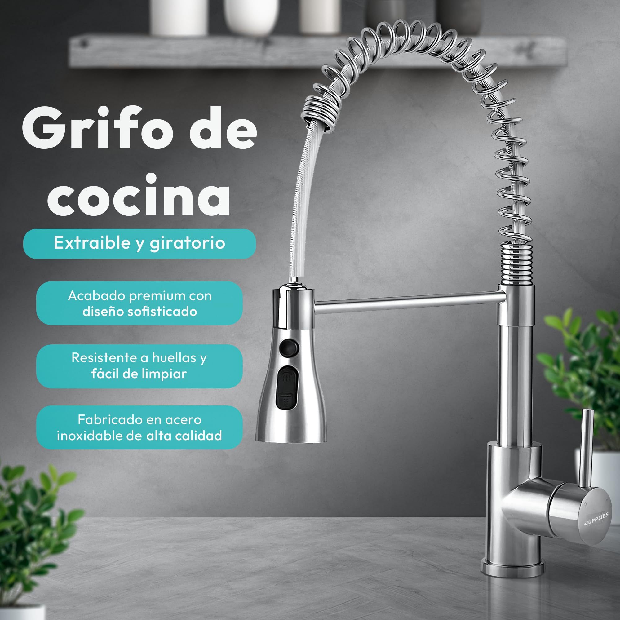 JUPPLIES Grifo Cocina Extraible Profesional – Acero Inoxidable, 360°, Diseño con Resorte, 2 Modos de Agua, Grifo Fregadero Cocina Extraíble, Fácil Instalación, Grifos Cocina Modernos