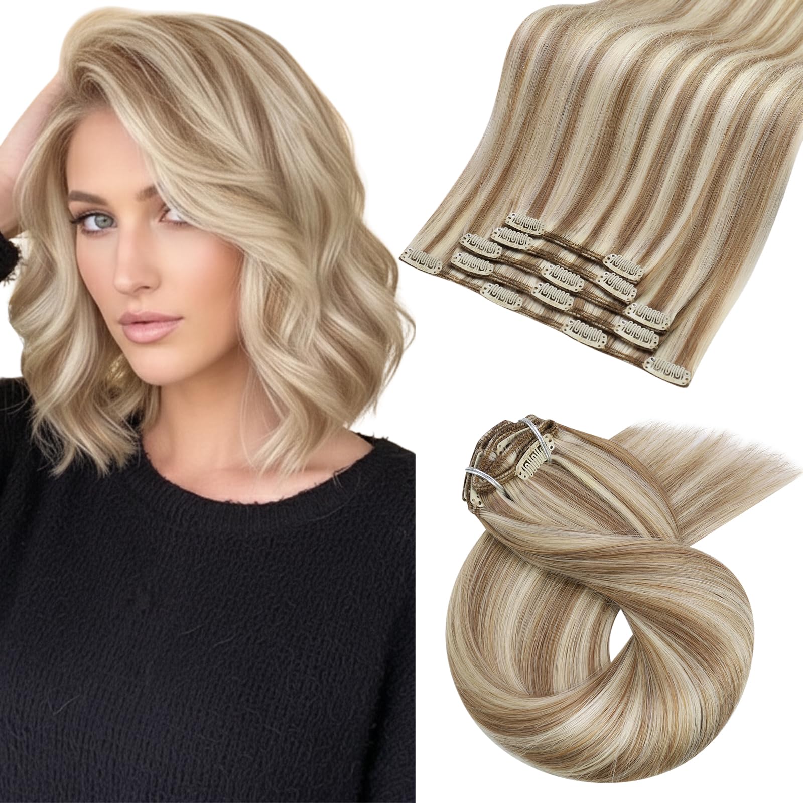 Moresoo Human Hair Extensions Clip in Real Hair Ash Blonde with Bleached Blonde Clip in Hair Extensions Remy Human Mid-length Hair Layered Add Volume 14 Inch 5pcs/80g #P18/613 — view 40