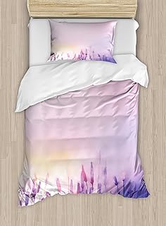 Ambesonne Flower Duvet Cover Set, Blurred Lavenders in The Meadows Rural Country Nature Theme Design Print, Decorative 2 Piece Bedding Set with 1 Pillow Sham, Twin Size, Purple Lilac