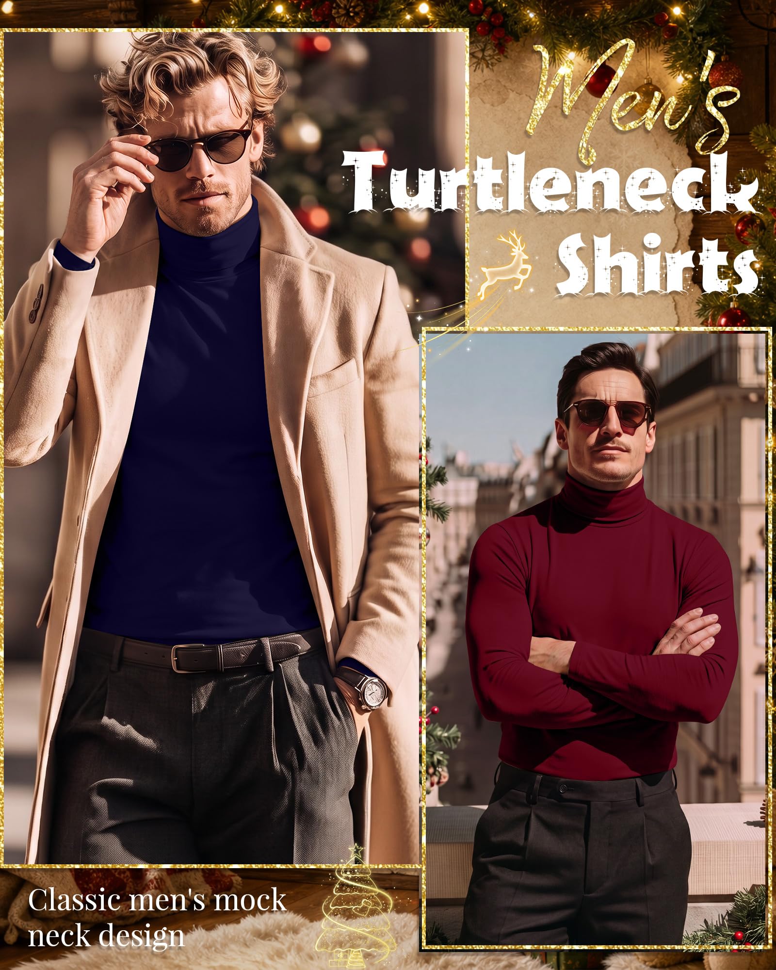 Ficerd Lot de 3 T-Shirts à Col Roulé pour Homme, Pulls à Manches Longues en Coton, Col Montant, Coupe Ajustée
