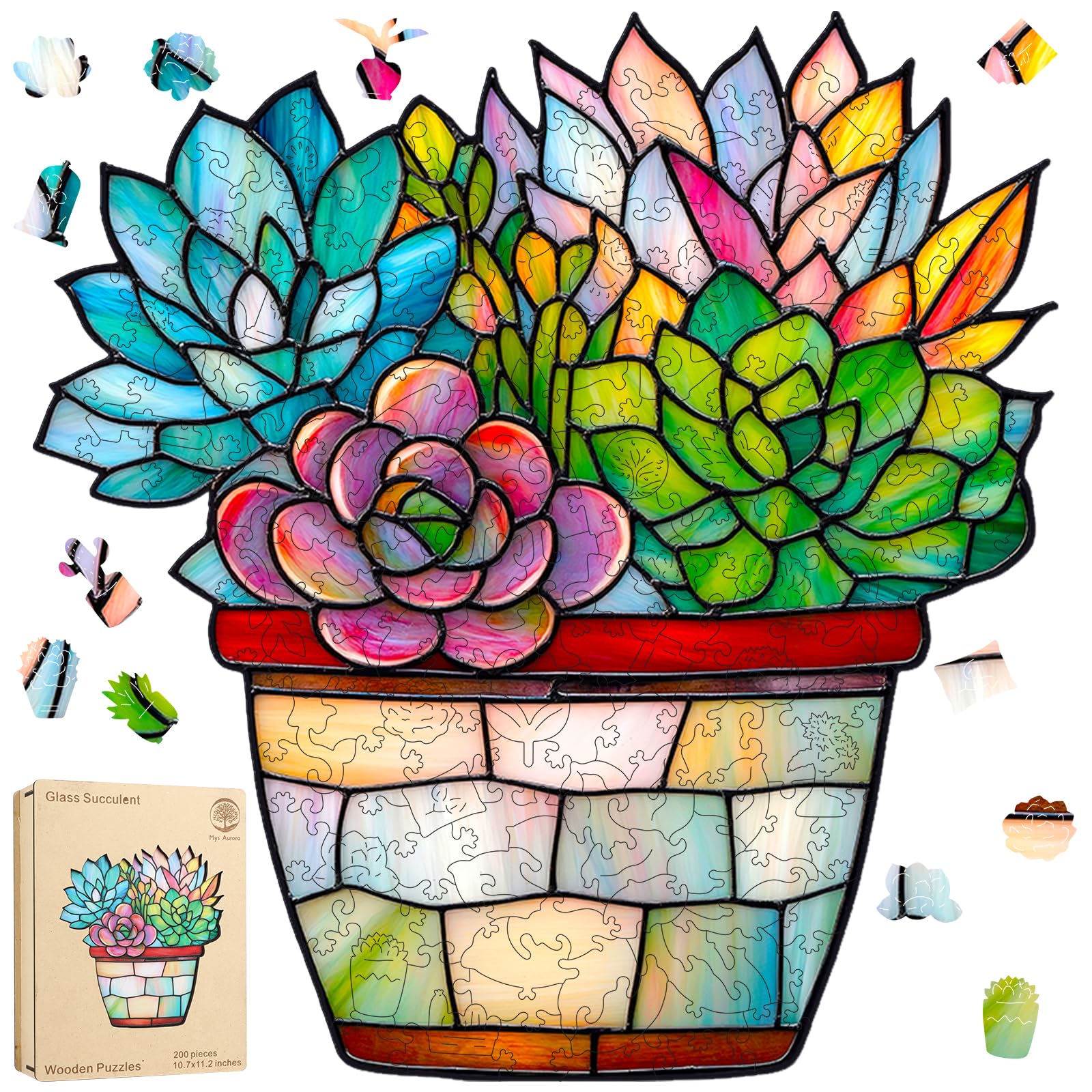 MYS A·U·R Puzzles for Adults, Glass Succulent Wooden Puzzles 200 Pieces, 5MM Thick Unique Shaped Flower Jigsaw Puzzles Birthday Gifts for Kids Family