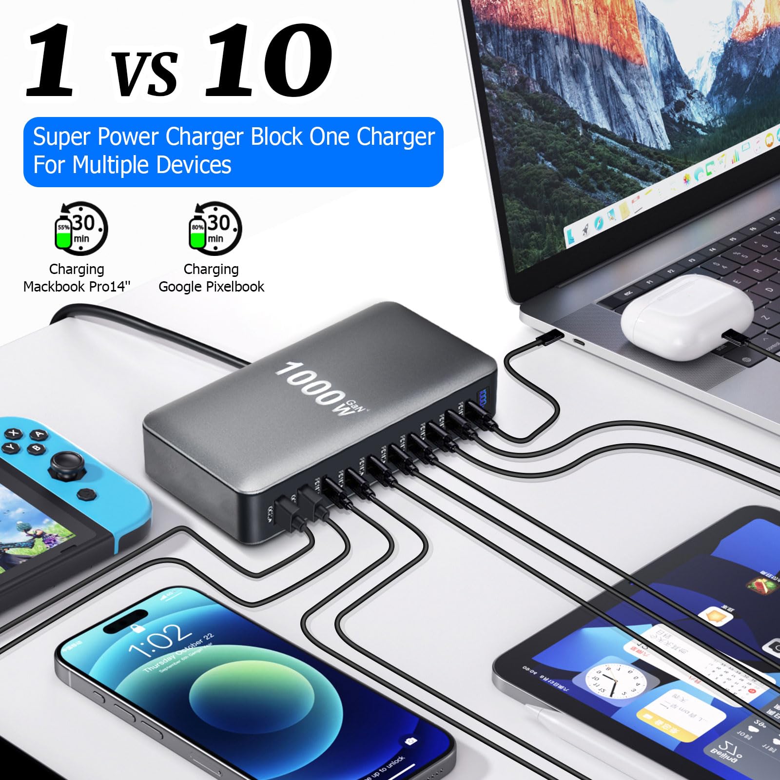 Caricatore USB C multiplo, 1000 W, 10 porte, caricatore rapido Gan 4 Max140 W per laptop (8 USB C e 2 USB‑A) per MacBook Air, i-Pad, iPhone 17/16/15, Galaxy S25, HP