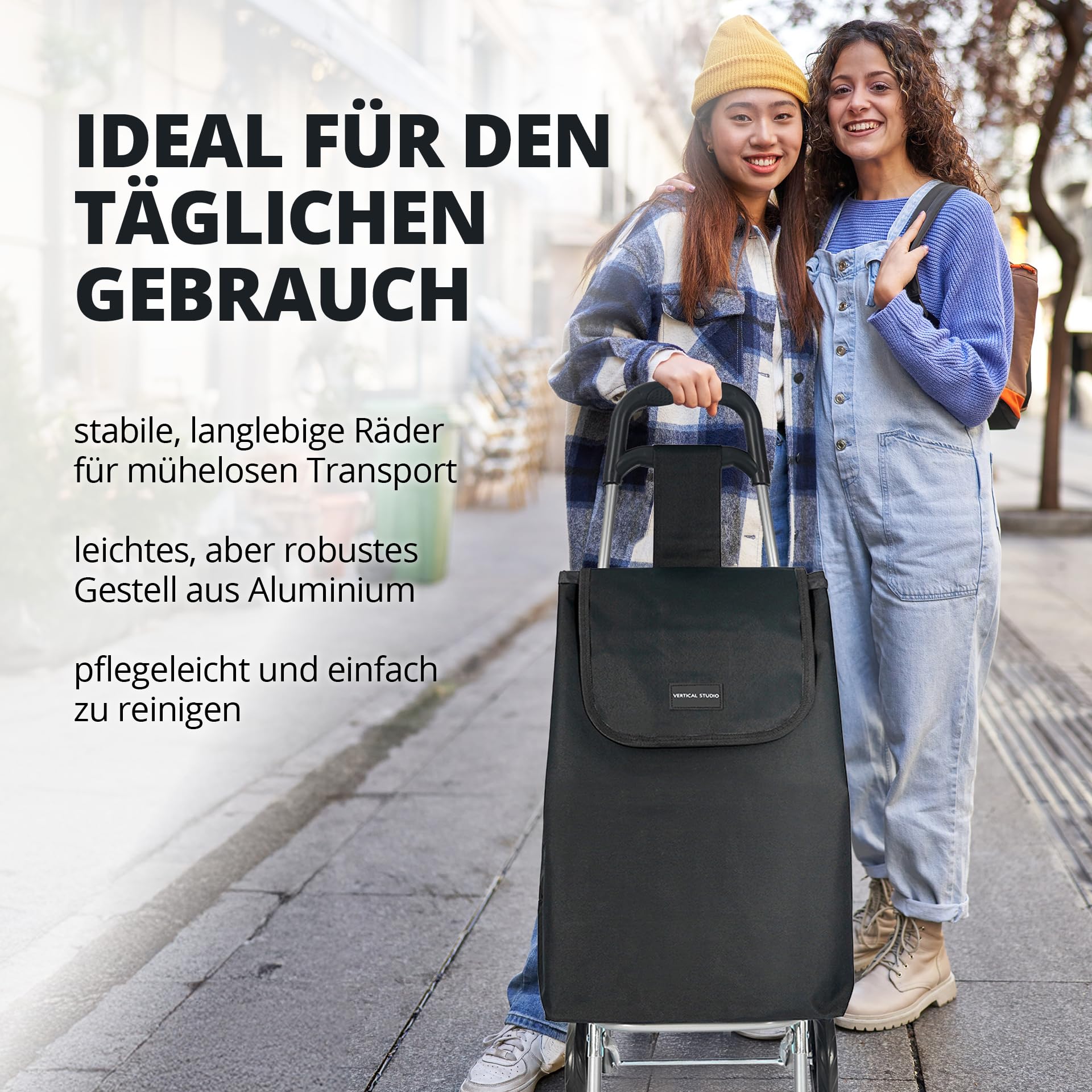 Einkaufstrolley 35 L – Klappbar, leicht & robust, mit Alugestell, Reißverschlusstasche & Klettverschluss – Bis 25 kg Traglast, faltbar & abnehmbar (Schwarz)