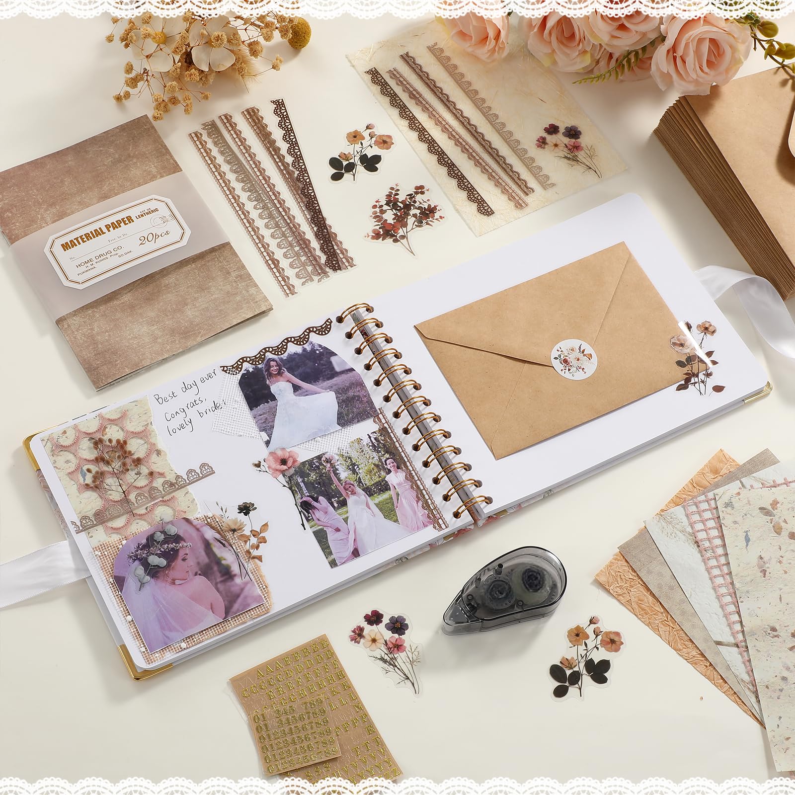 Livre d'or de mariage Lettres à la mariée Scrapbooking Livre de souvenirs de mariage Papier vierge Scrapbooking Album photo Invité avec autocollants nacrés (21,6 x 17,8 cm, vintage, marron)