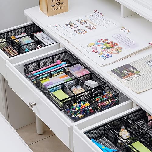 Miniatura 5 de Marbrasse Práctico organizador de escritorio de 5 niveles con soporte para archivos + 3 paquetes de organizador de cajones de escritorio
