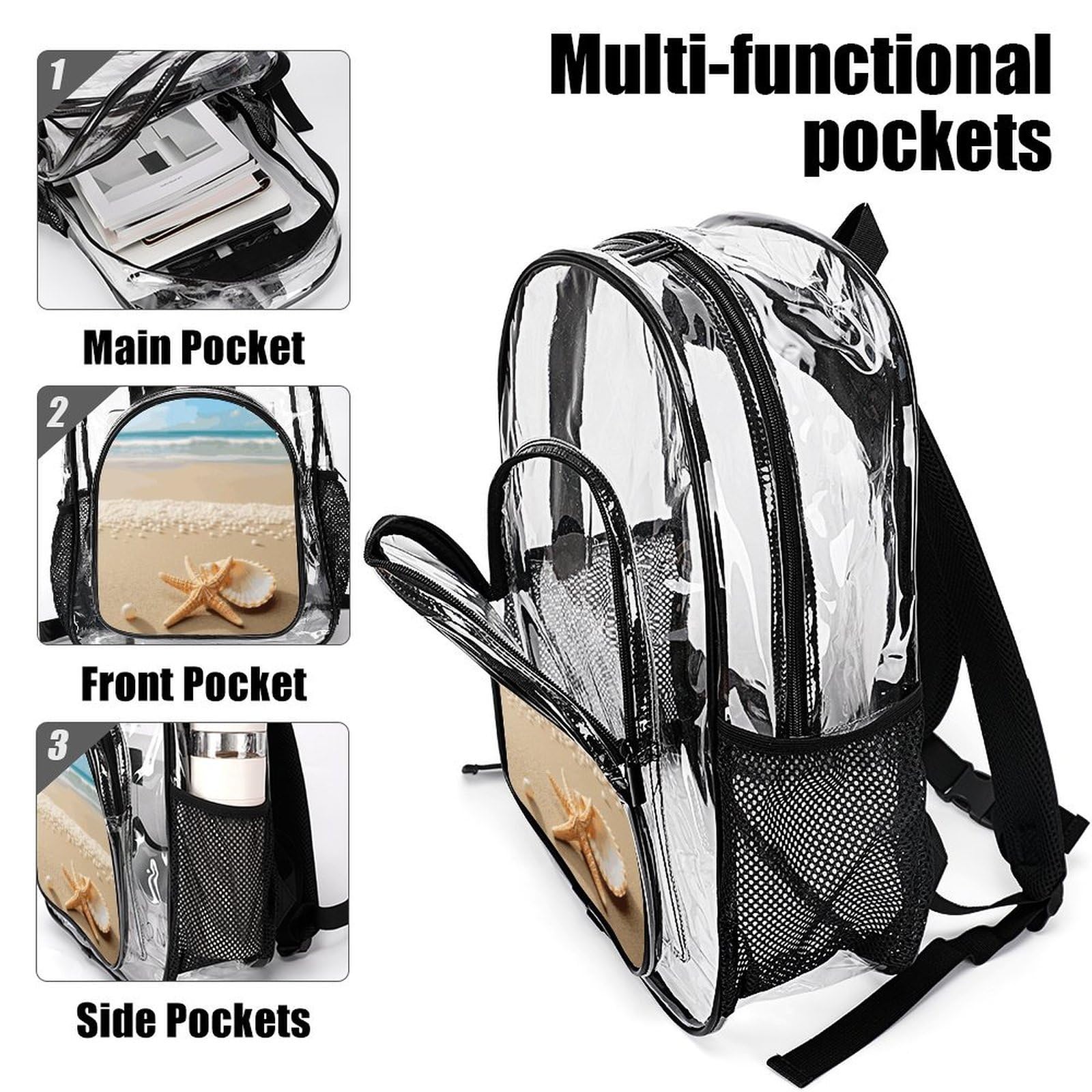 Transparenter Rucksack mit Seesternmuschel und Strand, groß, transparent, PVC, Büchertasche für Sicherheit, Arbeit, Reisen, Stadion