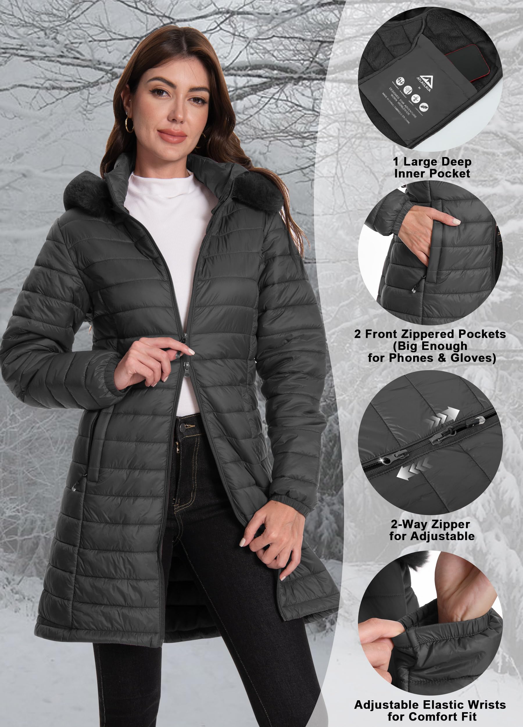 ATLASLAVA Damen Winterjacke Lang Wintermantel Steppjacke Übergangsjacke Daunenjacke Wasserdicht Warm Leichte Kapuze Frauen Winter Mantel Outdoor Dunkelgrau 2XL
