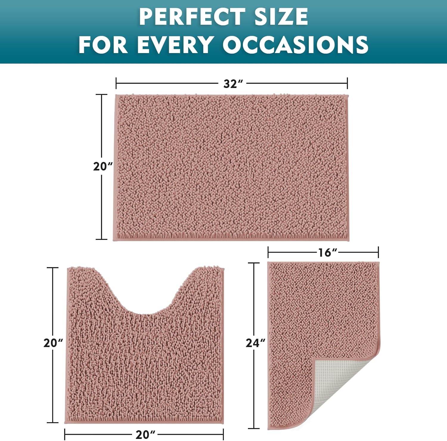 Bathroom Rugs Sets 3 Piece, Extra Soft Absorbent Chenille Bath Rugs, Non Slip Rubber Backing Machine Washable Quick Dry Bath Mats for Bathroom Floor, Tub, Shower, Home Decor Accessories, Misty Rose