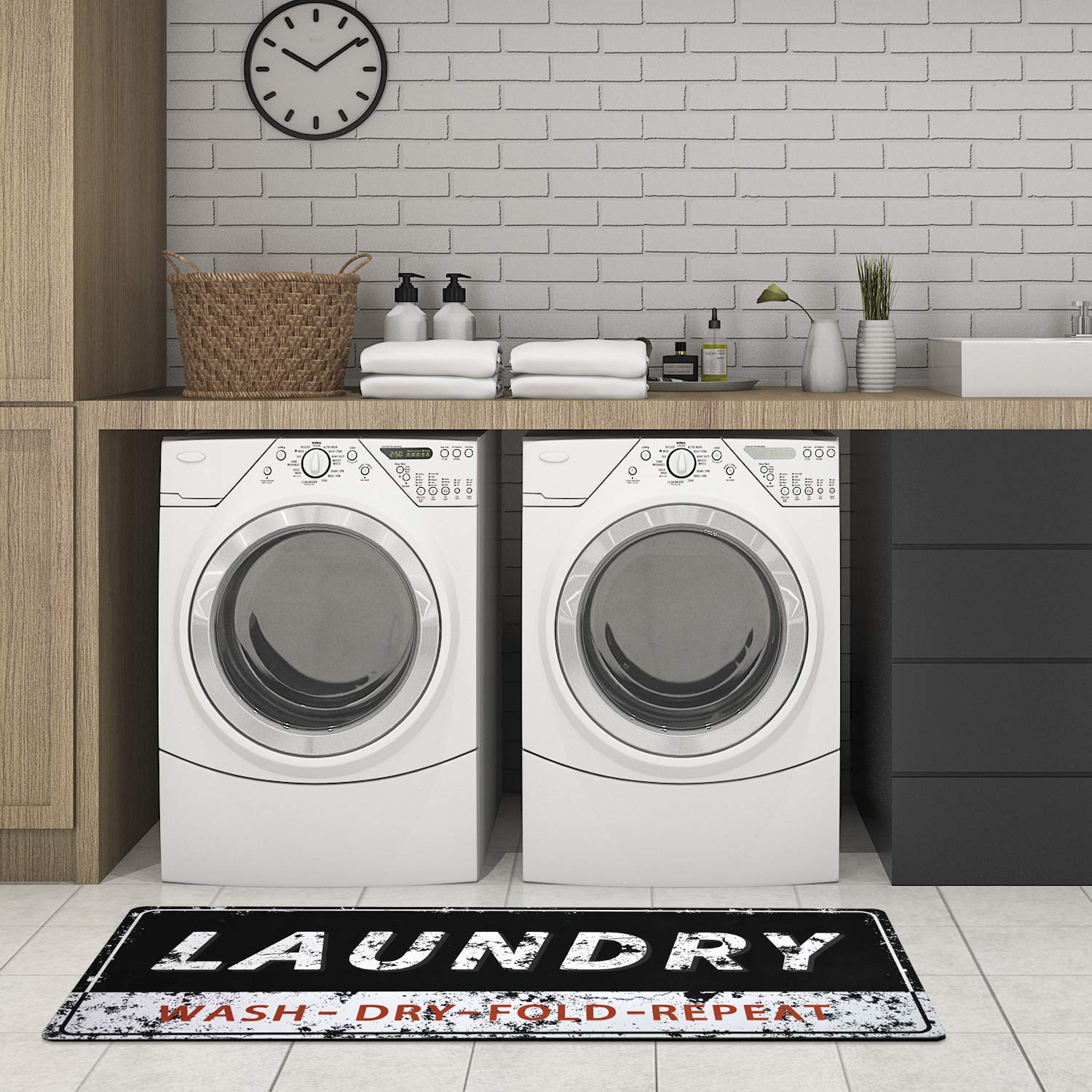 Abreeze Vintage Laundry Room Rug, Laundry Room Floor Rug for Wash Room Farmhouse Rug Rubber Area Rug 2x4,Black