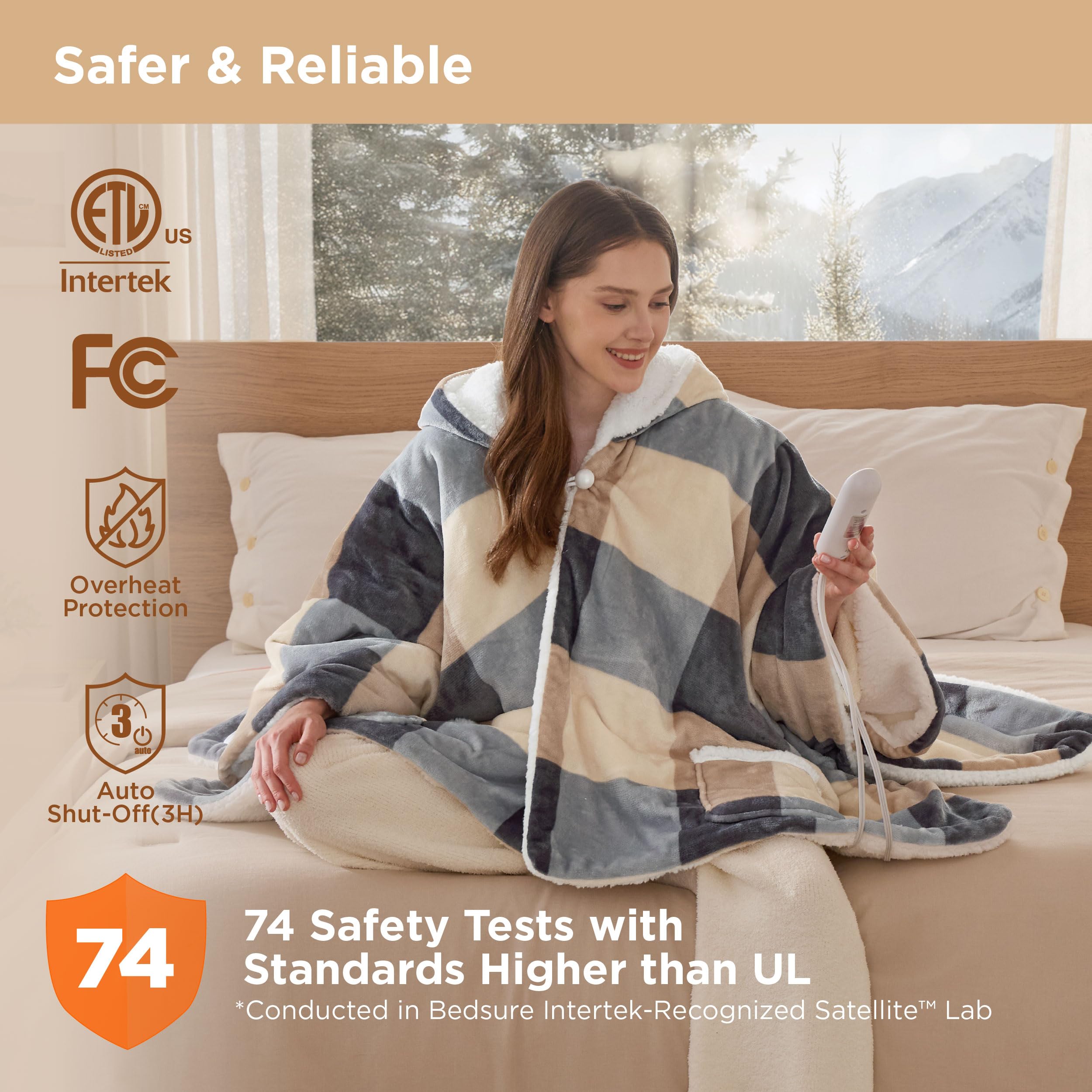Bedsure Heated Blanket Wearable Shawl - Electric Wrap Poncho Blanket Hoodie Adult as Winter Gifts for Mom Women Girlfriend, Warm Sherpa Heating Throw, Auto Shut Off, 55x64 inches, Beige Plaid Pattern
