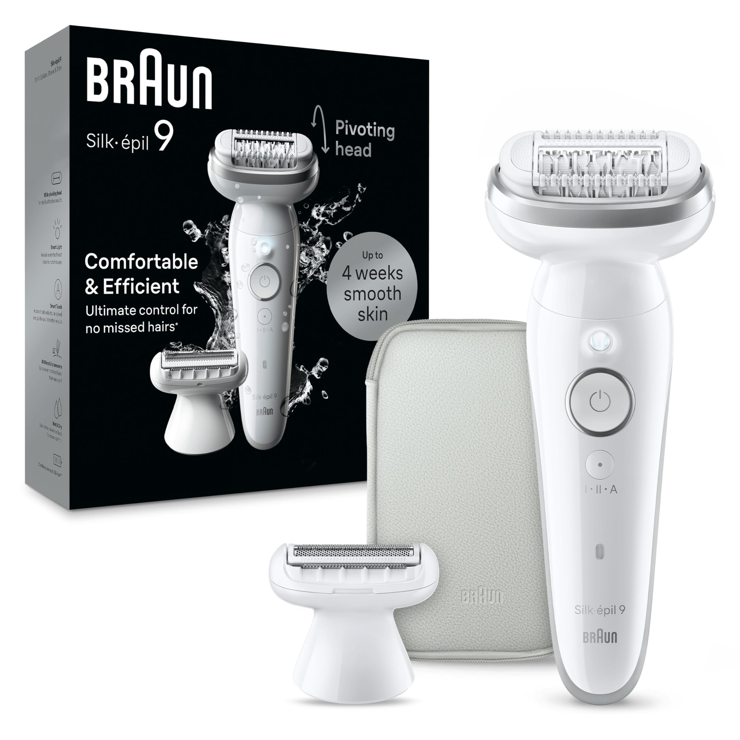 Braun Silk-épil 9, Depiladora Eléctrica Para Una Eliminación Del Vello Fácil, Piel Suave Duradera, 9-041, Blanca/Plateada