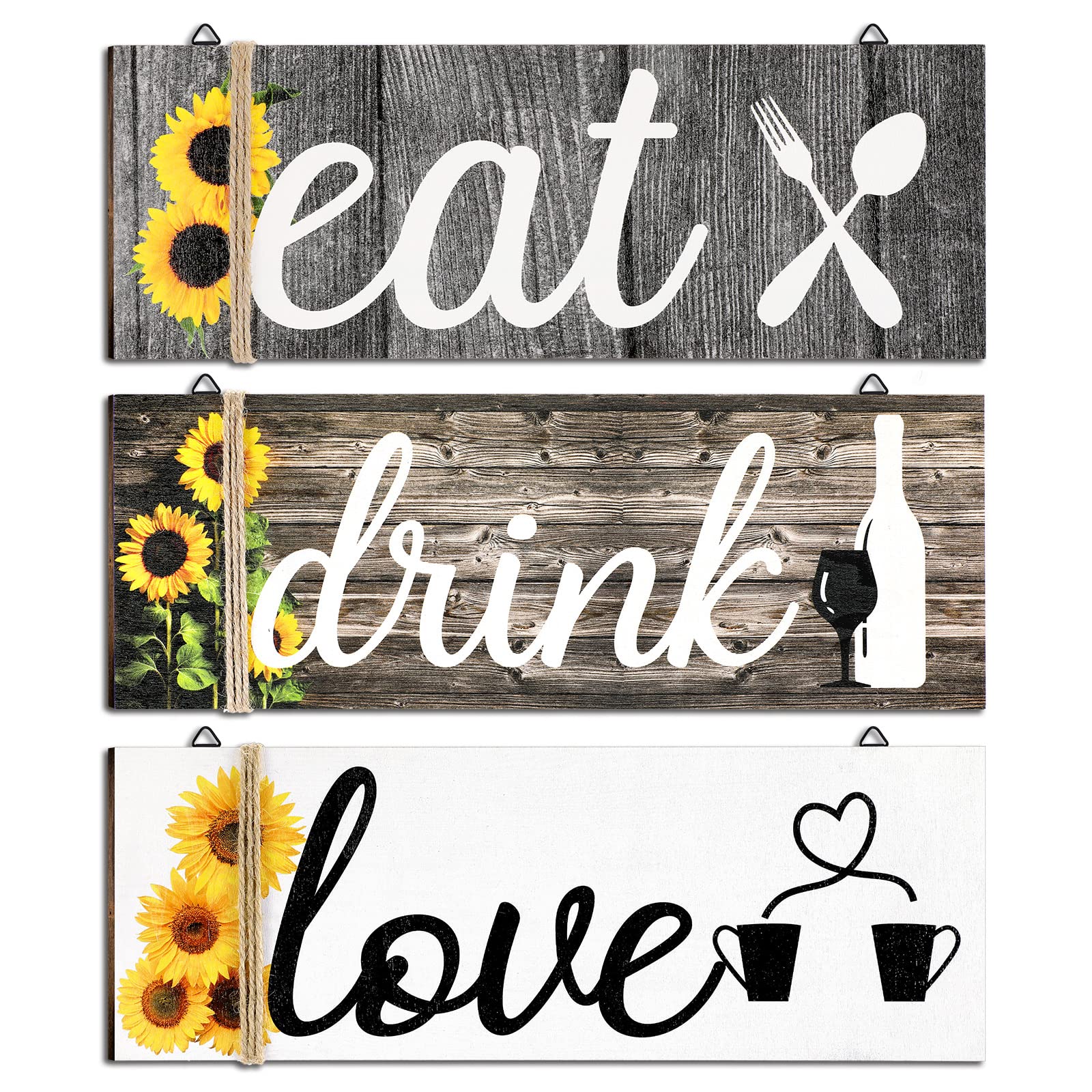 Jetec 3 Pieces Wood Home Sign Rustic Wooden Kitchen Wall Decor Eat Drink Love Wood Sign with Hanging Hole for Home Kitchen Dining Living Room Bar Cafe Decoration (Bright Color)