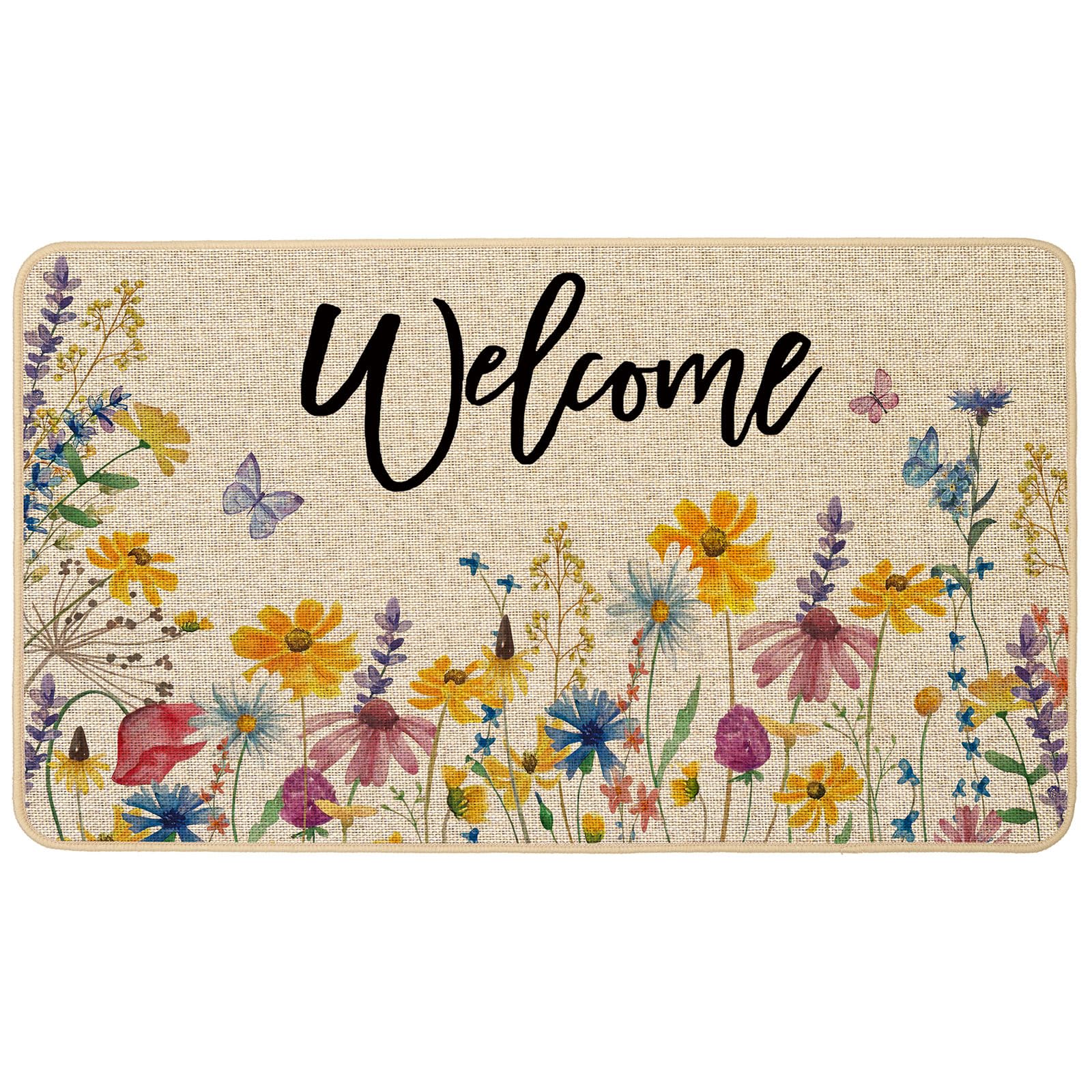 Baccessor Floral Flowers Welcome Doormat Outdoor Spring Summer Front Entrance Doormat Door Mat Absorbent Non-Slip Rubber Backing Seasonal Outside