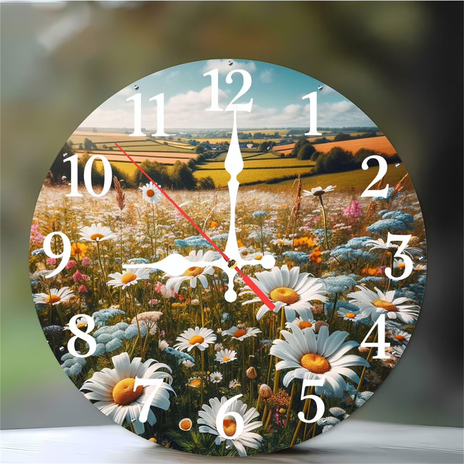 Pendule murale silencieuse marguerites 30cm chiffres arabes faciles à lire