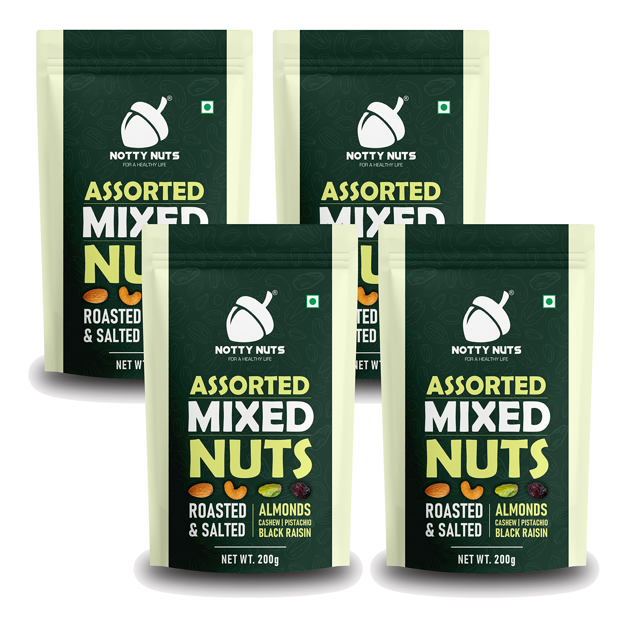 NOTTY NUTS Assorted Nuts 800gm Premium Healthy Trail Mix Contains Roasted & Salted Almonds , Cashews, Pistachios, Black Raisins | Healthy Snacks Jar | Dry Fruits and Nuts | Roasted and Salted Dried Fruits |Pack Of 4 (200 gm each)