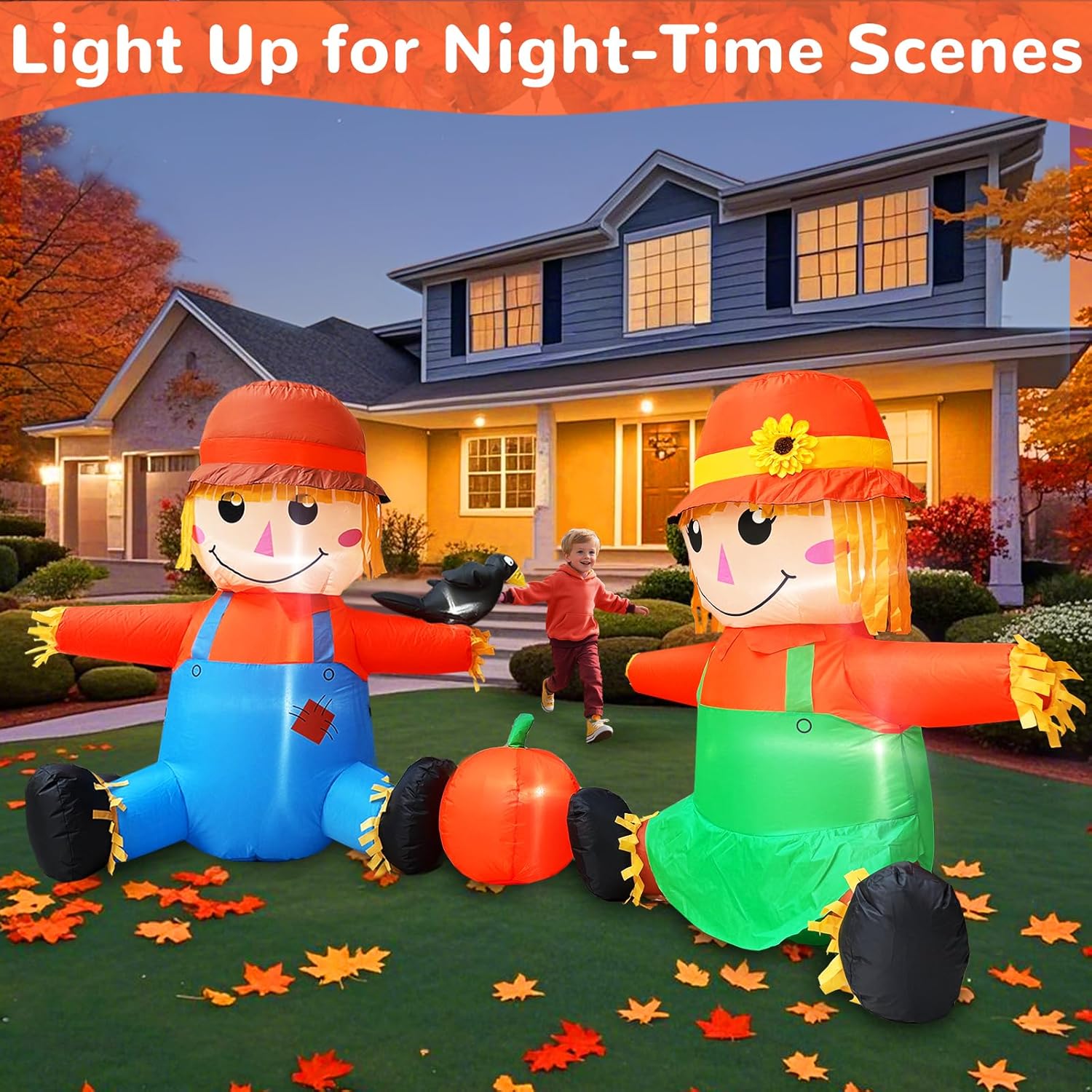TURNMEON 8FT Long Fall Thanksgiving Inflatables Outdoor Decorations, Inflatable Scarecrow Couples with Crow Pumpkin Built-in LED Fall Autumn Harvest Thanksgiving Blow Ups for Outside Yard Garden Lawn