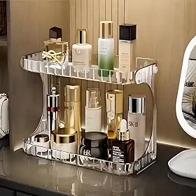 Organizador de Maquiagem Multiuso 2 Andares em Acrílico Premium – Prateleira Transparente Para Cosméticos, Makes, Banheiro, Cozinha, Quarto ou Penteadeira com Design Moderno e Elegante