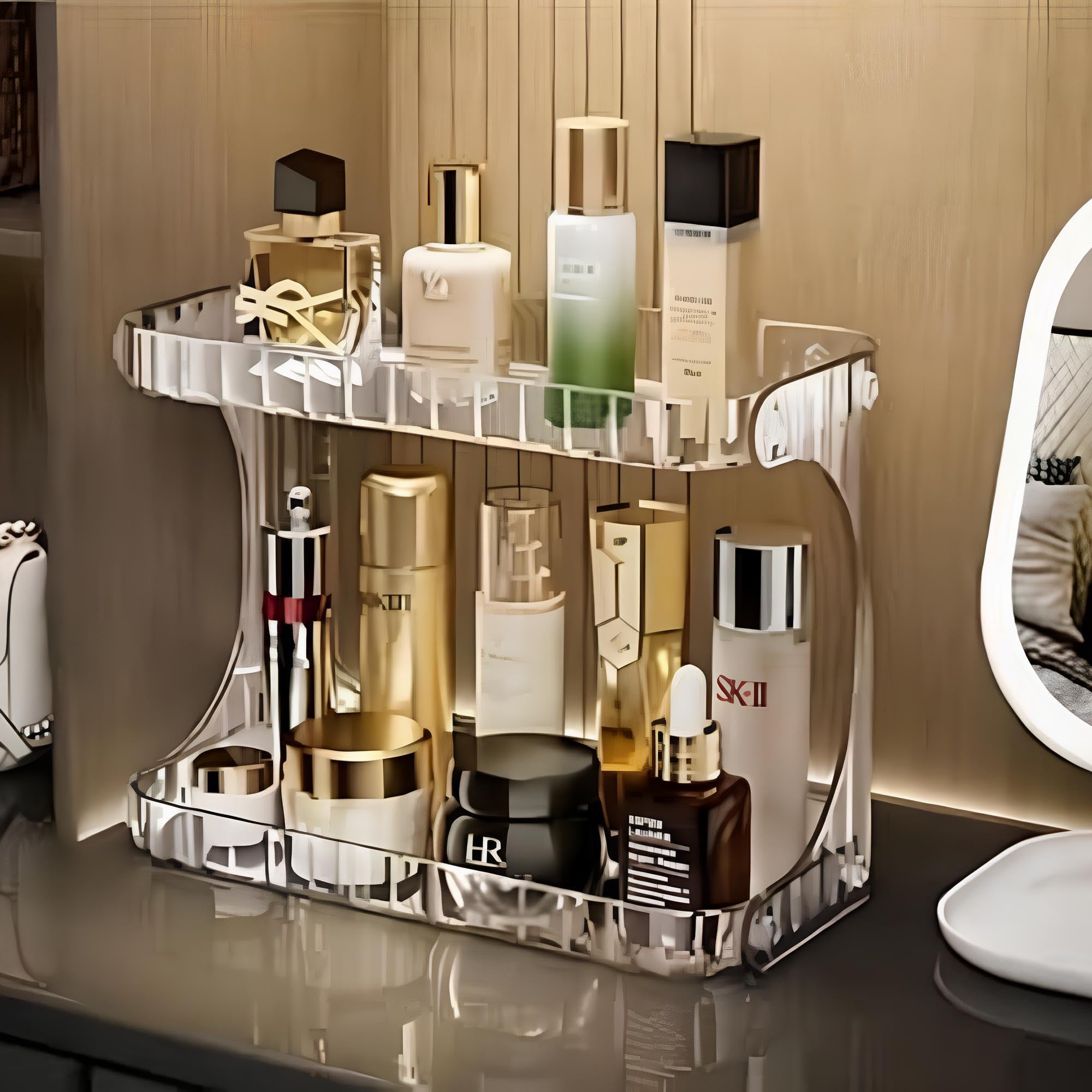 Organizador de Maquiagem Multiuso 2 Andares em Acrílico Premium – Prateleira Transparente Para Cosméticos, Makes, Banheiro, Cozinha, Quarto ou Penteadeira com Design Moderno e Elegante