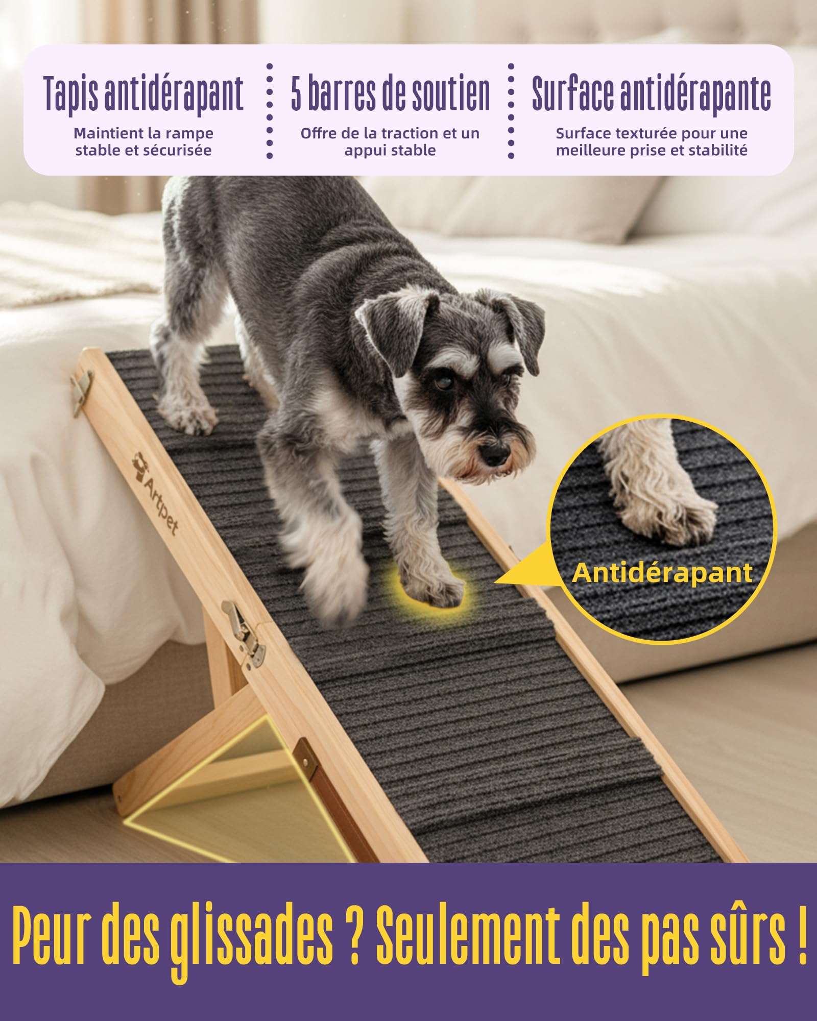 Rampe pour chien pour petits chiens pour canapé et lit, rampe pour le soin des articulations des Teckels, pliable, antidérapante, portable, hauteur réglable, supporte jusqu'à 15,9 kg