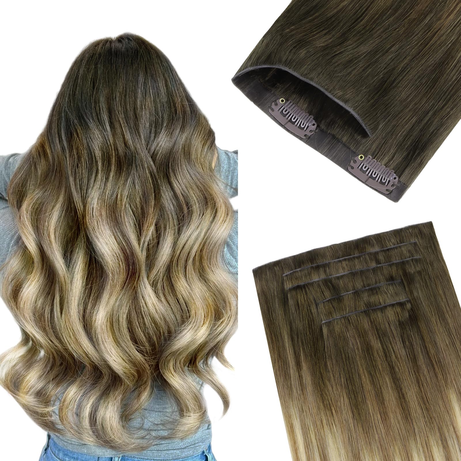 GOO GOO Invisi Edge Clip in Hair Extensions 16inch 130g 7Pcs Injected Seamless PU Clip in Hair Extensions, Virgin Real Human Hair, 3/8/613 Balayage
