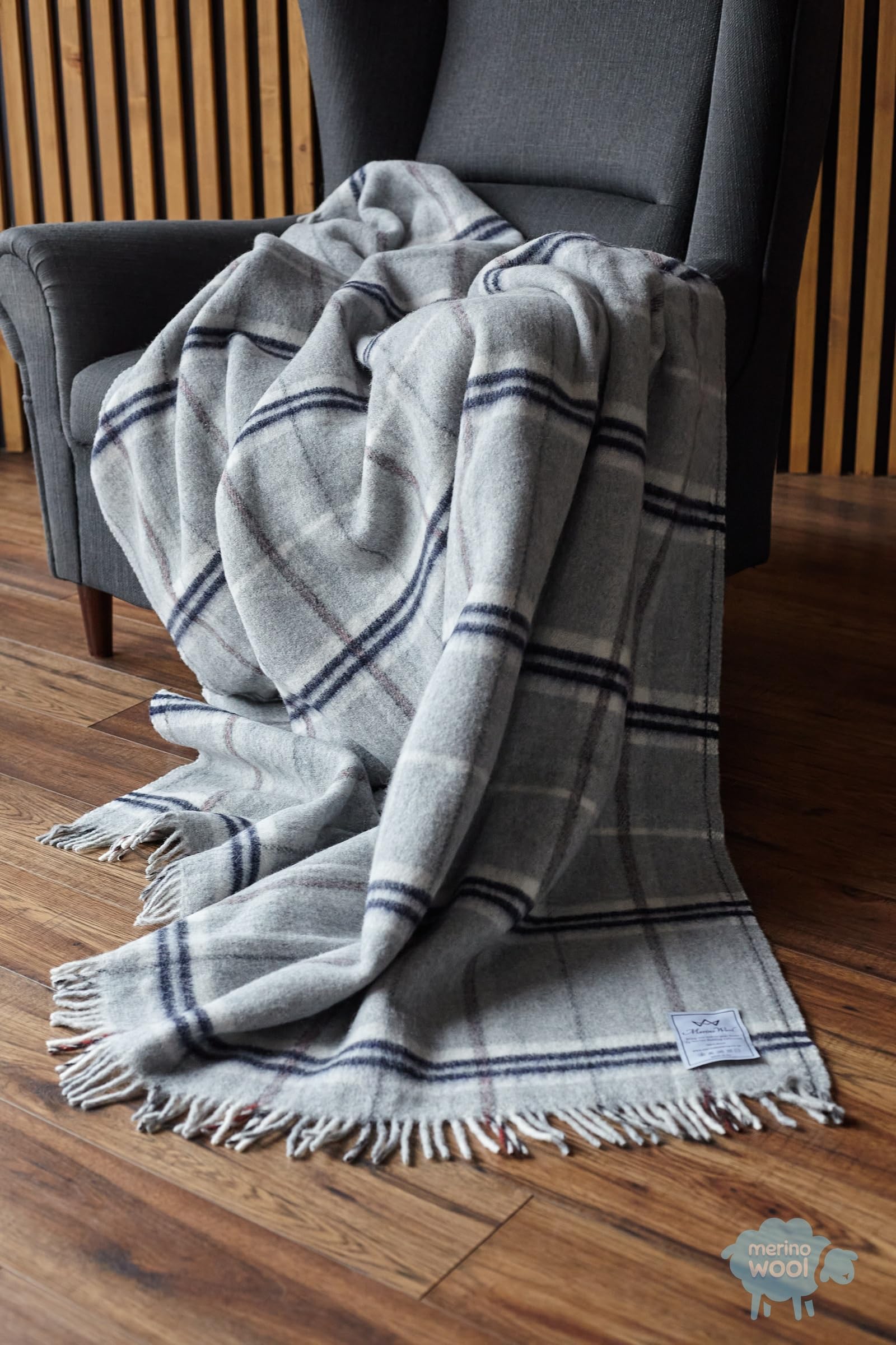 Merino Wool Pościel koc narzuta 160 x 200 cm pled podwójny rozmiar luksusowy ciepły nowy tartan narzuta na sofę (Grey I CZARNA)