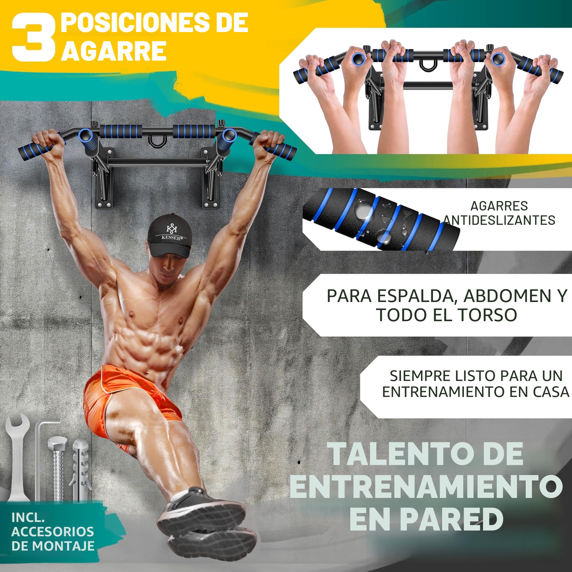 KESSER® Barra de dominadas 4 en 1 para montaje en la pared, asas antideslizantes, función adicional para anillos de cuerdas y sacos de boxeo | seguro y estable | Barra de dominadas para el hogar