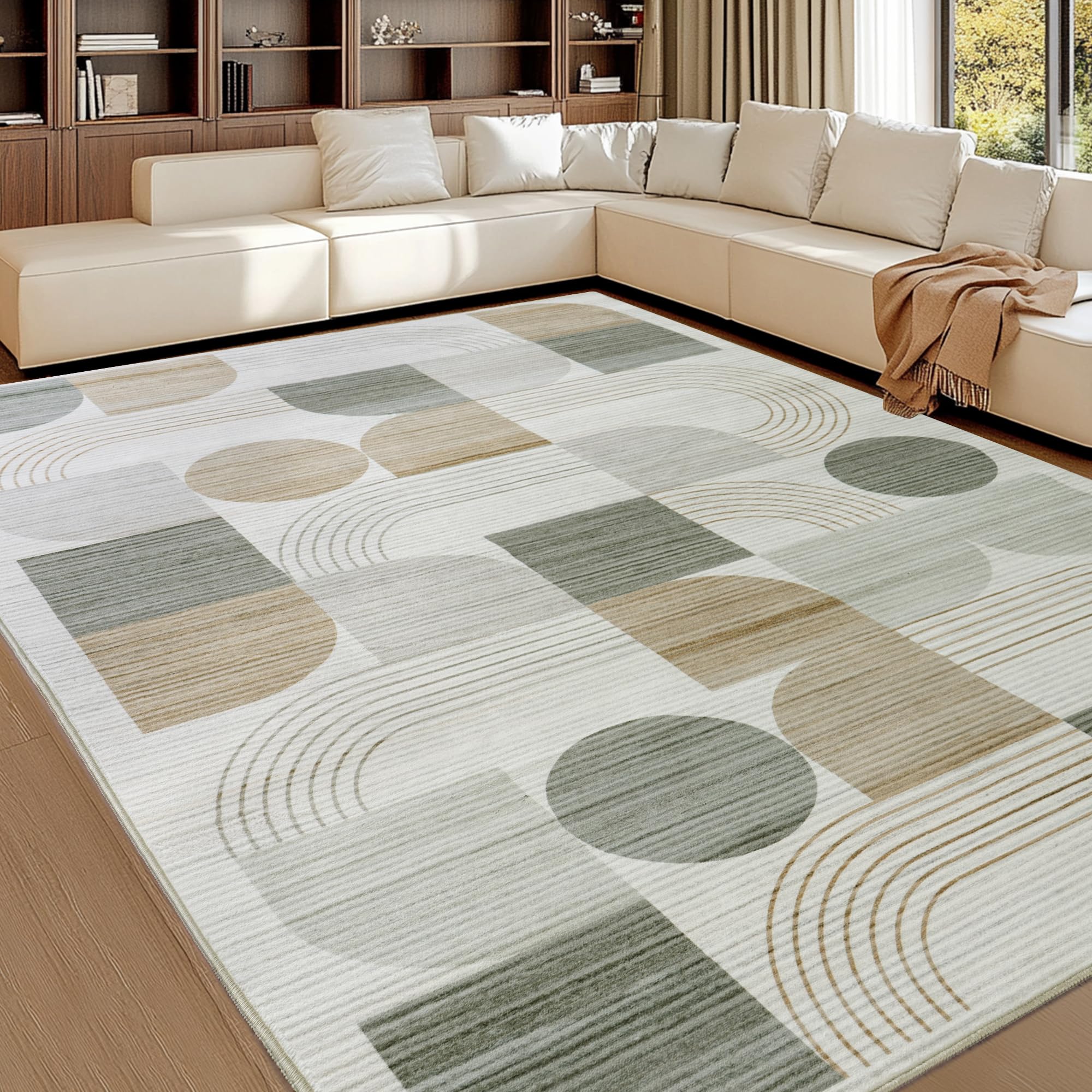 Tappeto per Soggiorno, Tappeto Moderno con Motivo Astratto per Soggiorno, Beige 200x230 cm Tappeto a Pelo Corto per Soggiorno Lavabile, Grande Tappeto in Lana per Camera da Letto, Ufficio