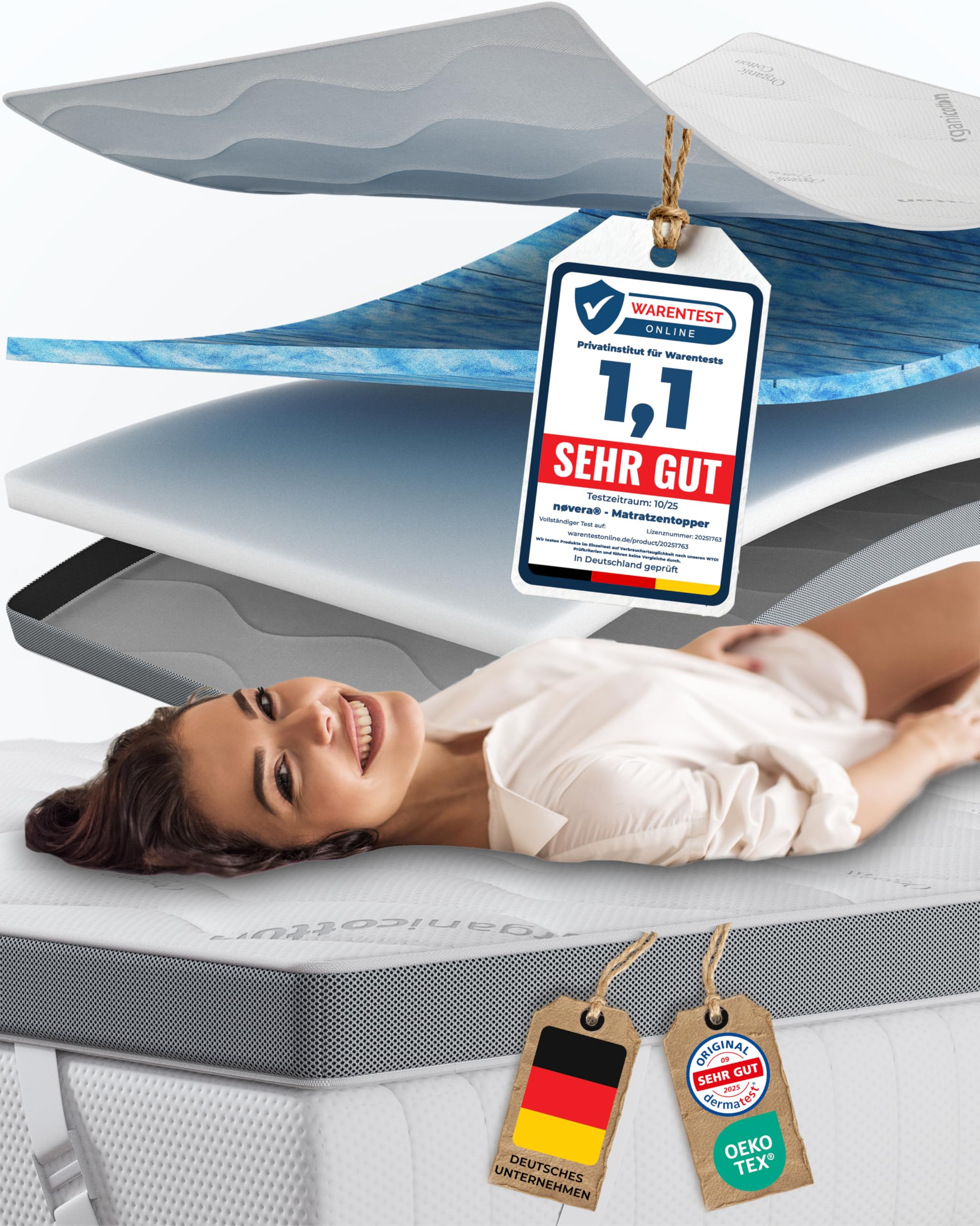 nøvera® Premium Gel Topper 80x200 | H3/H4 | Oberstoff aus 100% Bio-Baumwolle | wolkenweicher 7-Zonen Matratzentopper 80x200 | Hohes RG 50 | 8cm Matratzenauflage | Luxus Matratzen Topper | Geltopper